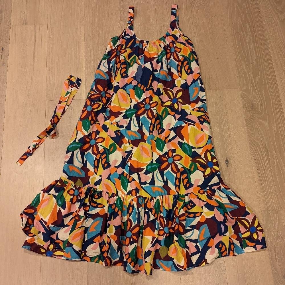 Floral Multicolor Sleeveless Linen Blend Dress